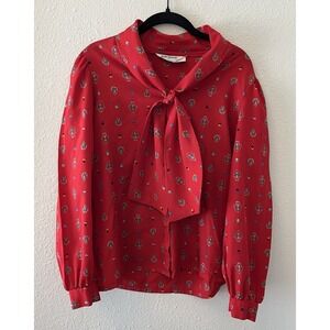 Vintage Judy Bond Blouse Top Size 12 Red Print Bow Collar 70s 80s Secretary Geek